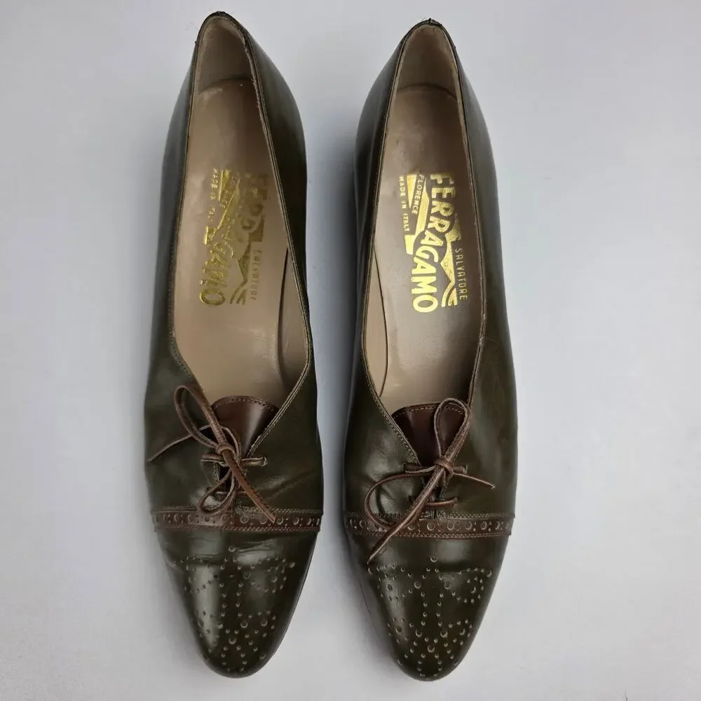 70's Salvatore Ferragamo Olive Green Leather Brogue Wingtip Lace-up Oxfords 7AA